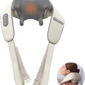 Cream Morelax neck and shoulder kneading massager on a white background, arm straps spread open and the grey massage heads facing up