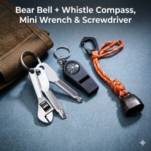 Keychain Set: Bear Bell + Whistle Compass, Mini Wrench & Screwdriver Multitool