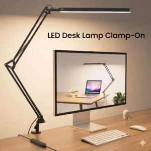 TROPICALTREE LED Desk Lamp Clamp 14W Adjustable Brightness Eye Care