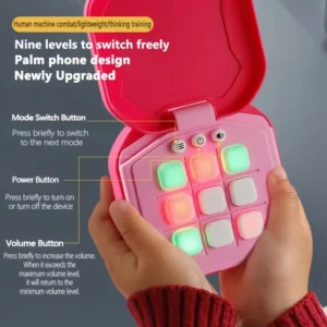 Pink digital tic tac toe game open, showing its nine lit buttons and the mode, power and volume buttons