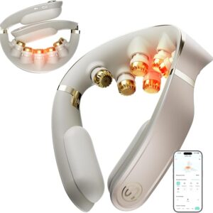 SKG G7 Pro Fold 3.0 neck massager in beige with glowing heat nodes, shown with the companion phone app