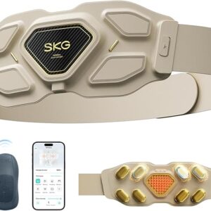 SKG W9 Ultra 2.0 lower back massager belt in beige, shown open with its heated gold massage nodes