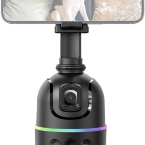 Andoer 360 auto face tracking gimbal holding a phone, with its RGB light ring lit