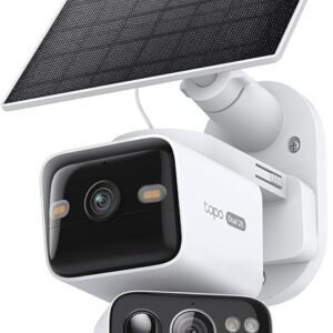 Tapo C645D KIT 2K dual lens security camera in white with its solar panel mounted above
