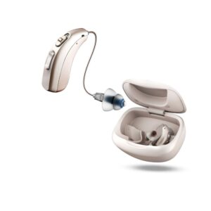 LINNER Mercury mini-RIC hearing aid beside its open beige gold charging case
