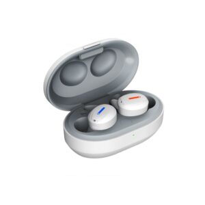 LINNER Mars OTC hearing aids in white open charging case