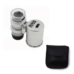 60X pocket microscope with LED next to its soft pouch