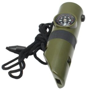 Olive green 7-in-1 survival whistle with compass and lanyard