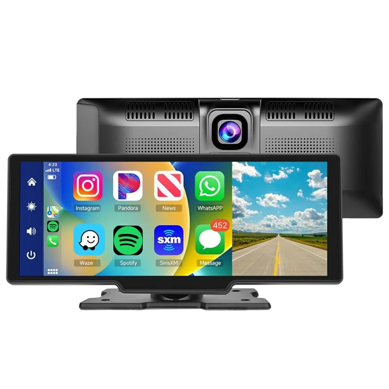 PODOFO A3073 portable CarPlay screen shown from the front running CarPlay app icons and a road view, with the rear unit and its built-in dash cam lens visible behind, both on a white background