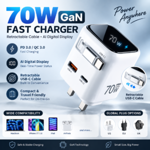 70W GaN USB-C Wall Charger with Retractable Cable & Digital Display