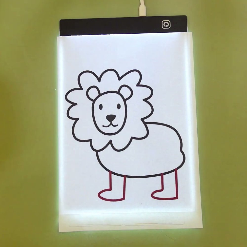 Real photo of a lion outline being traced on the light pad during the review