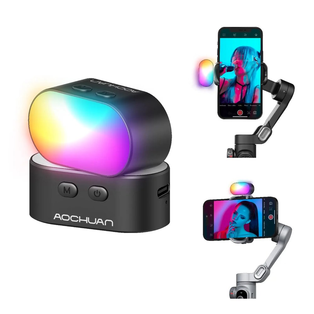AOCHUAN magnetic RGB fill light shown on a phone gimbal