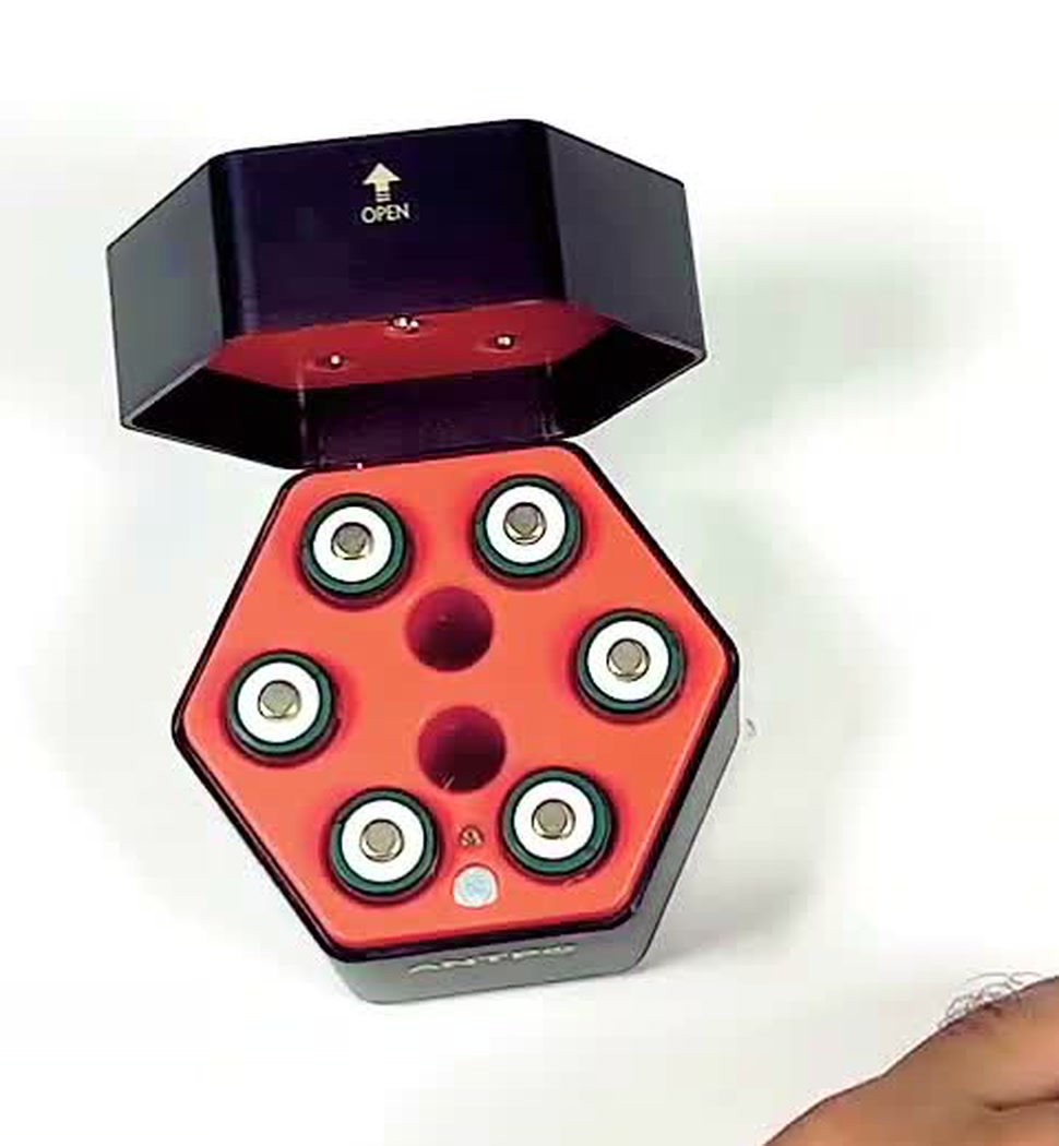 The open case with its tray fully loaded with six AA lithium cells seated in their slots