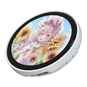 Round digital anime pin badge with an HD colour touchscreen showing an anime character