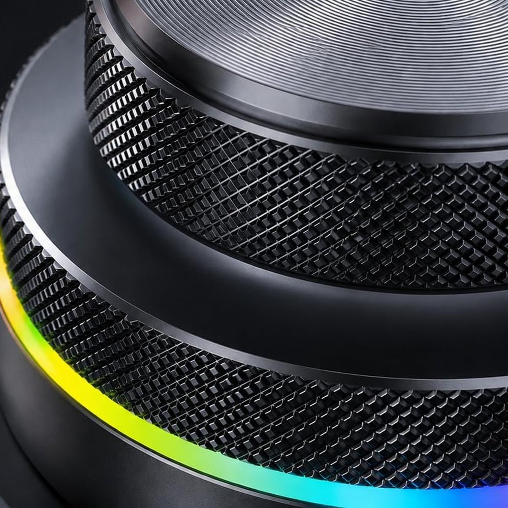 Close-up of the knurled aluminium dial and RGB ring
