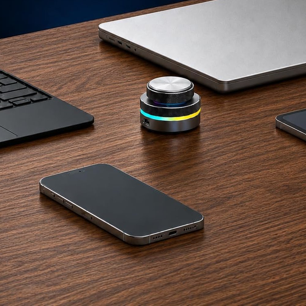 Dual knob controller on a desk next to a phone and laptop
