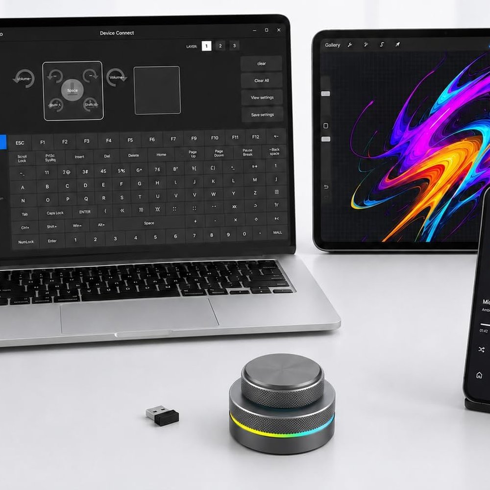 Dual knob controller beside a laptop and tablet