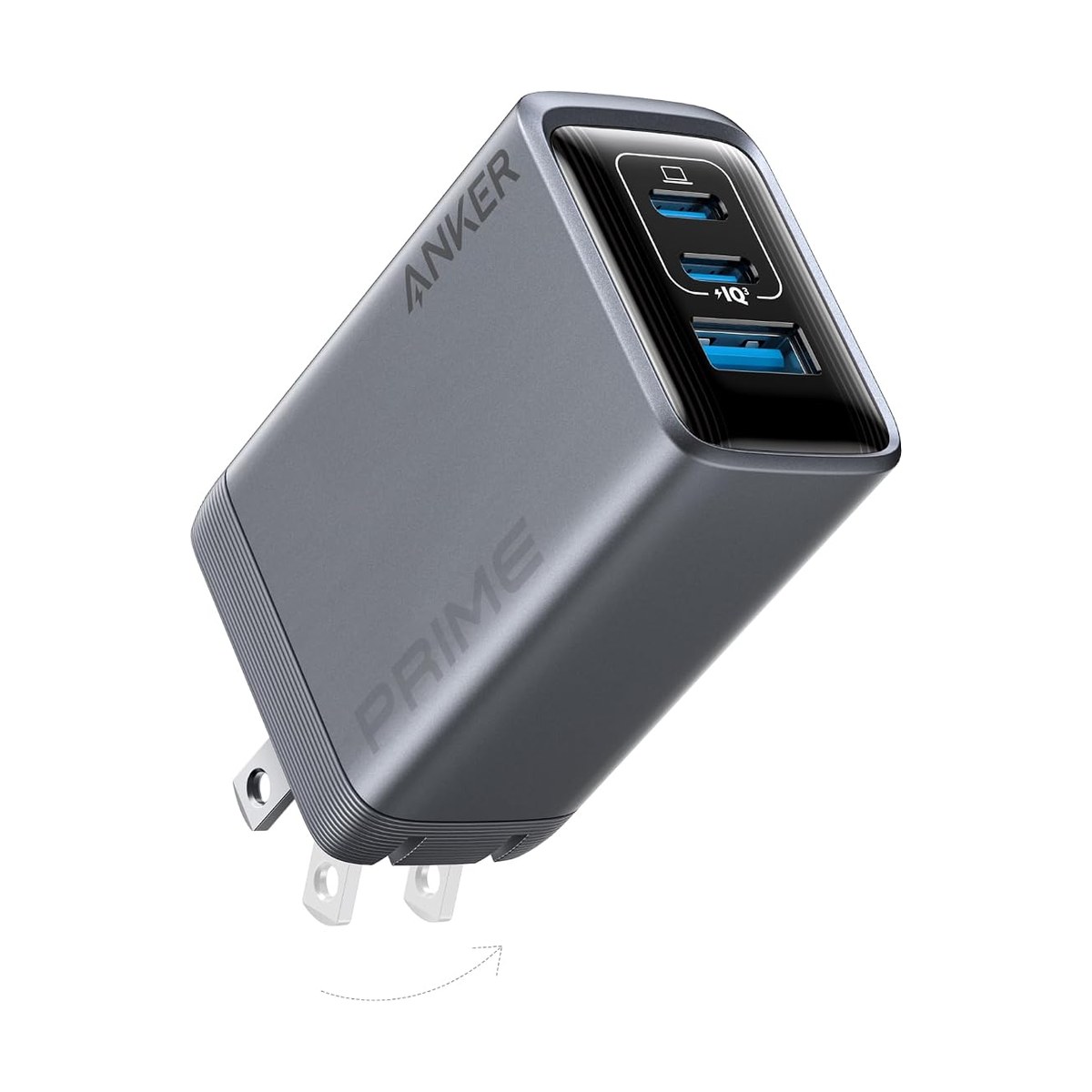 Grey Anker Prime 100W charger angled to show its two USB-C ports and one USB-A port, with the folding wall prongs open