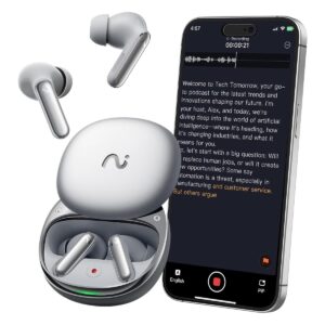 White RecDot earbuds and their open charging case in front of a phone showing a live recording transcript
