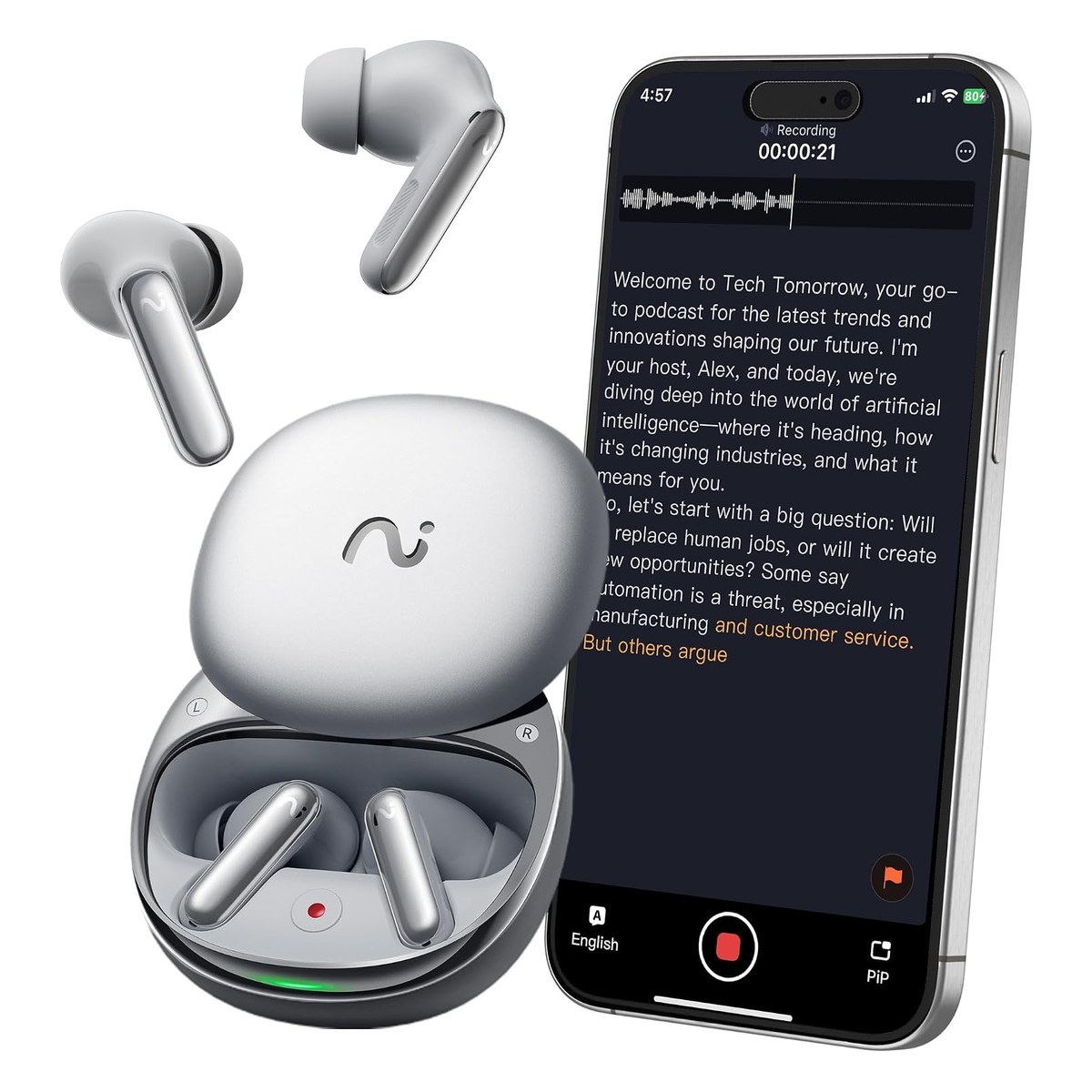 White RecDot earbuds and their open charging case in front of a phone showing a live recording transcript