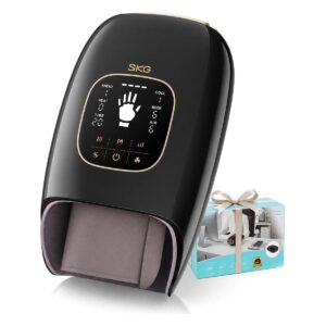 Black SKG OS500 heated hand massager with a gold-trimmed touch panel, standing next to its turquoise retail gift box