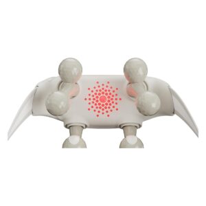 Cream SKG neck massager seen from the front, its six kneading nodes and red heat indicator facing the camera