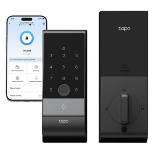 Tapo DL130 smart door lock keypad and rear deadbolt plate shown beside the Tapo app locked screen on a phone
