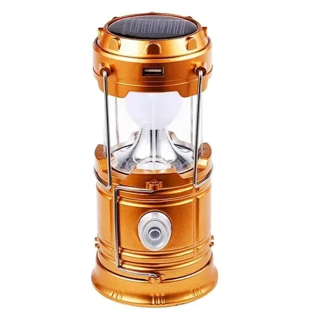 Gold collapsible solar camping lantern with its solar panel on top