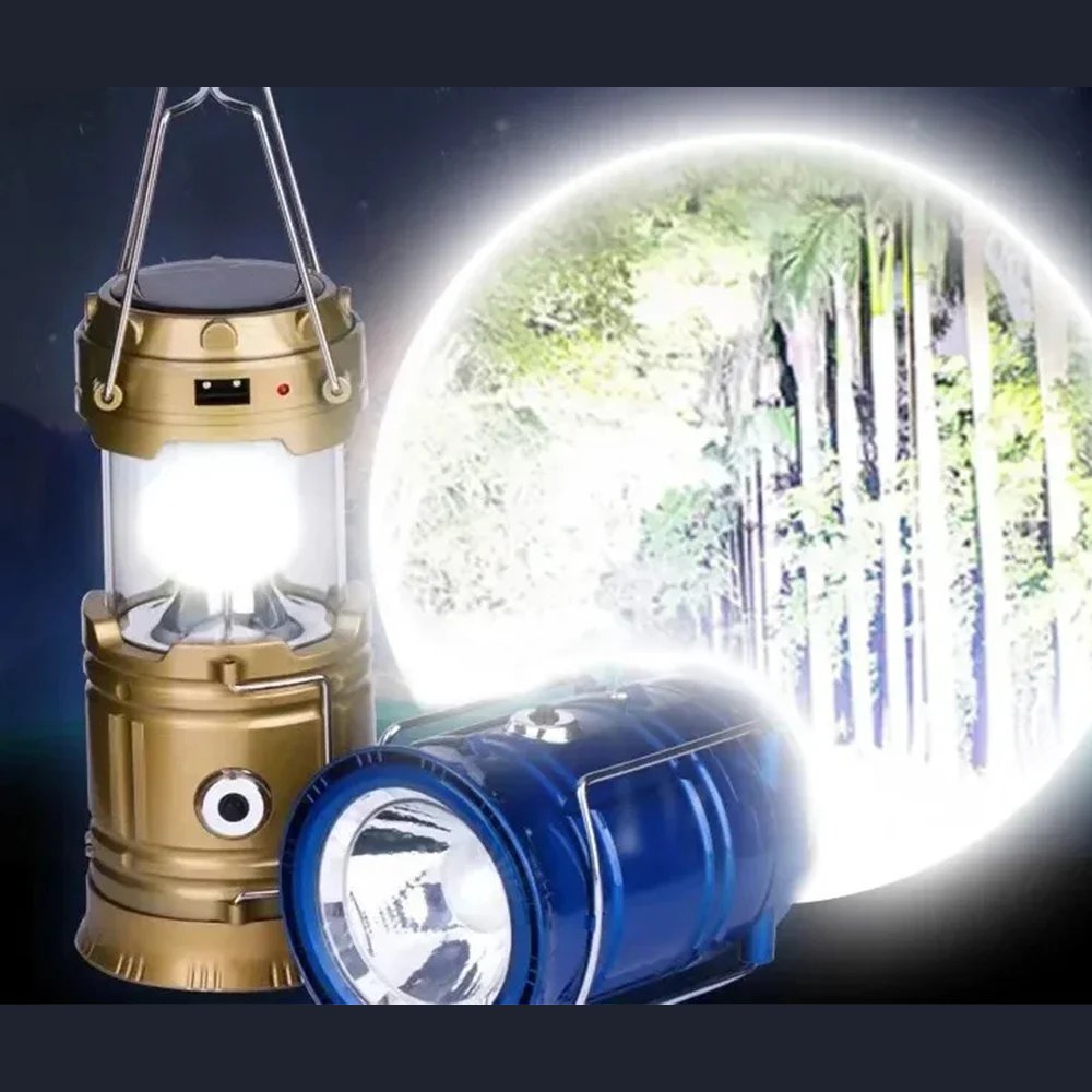 Solar camping lantern lit with its flashlight head shining