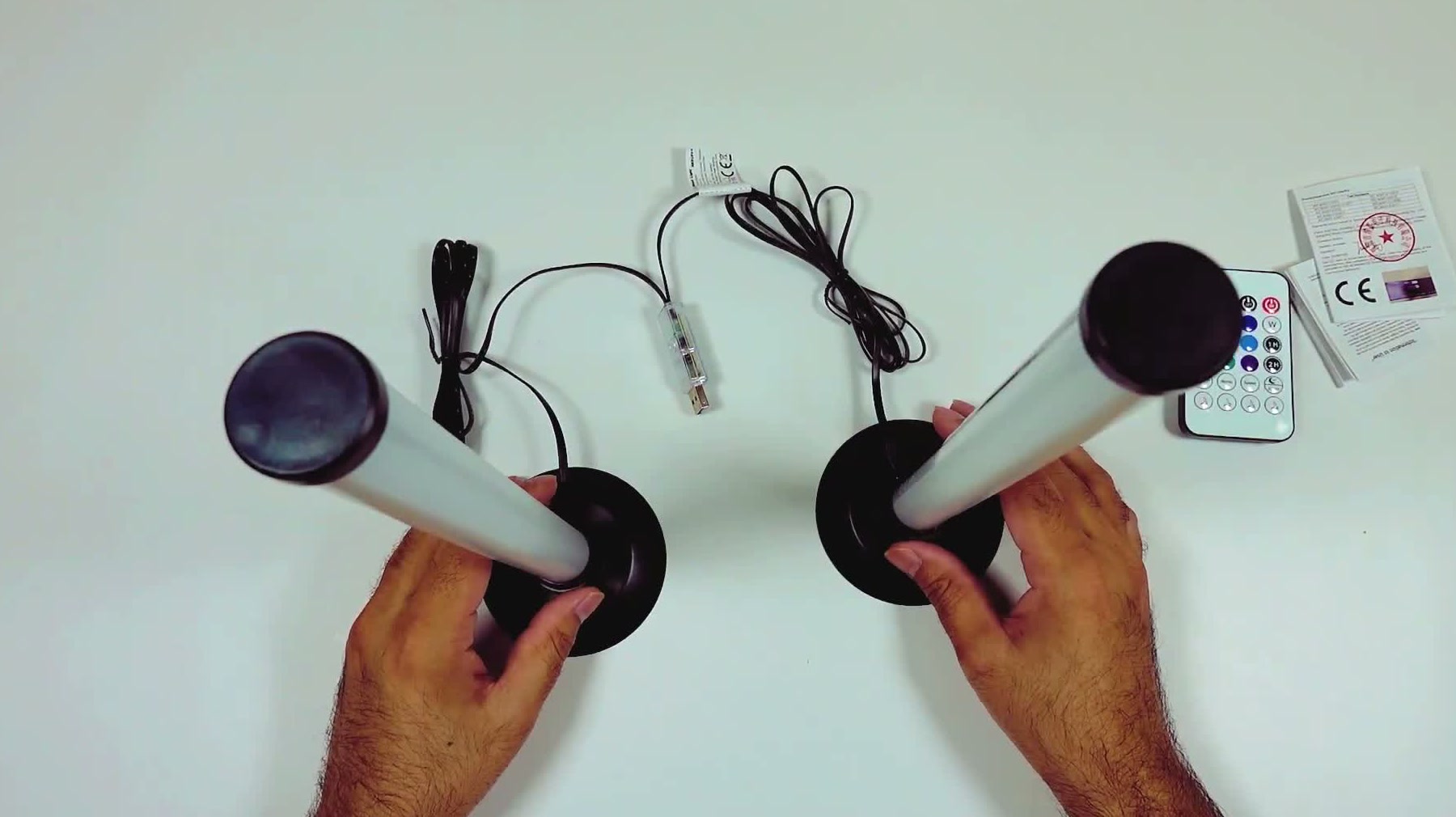 Everything in the box laid out on a white surface: two light bars on their round bases, the USB cable, the inline controller and the remote