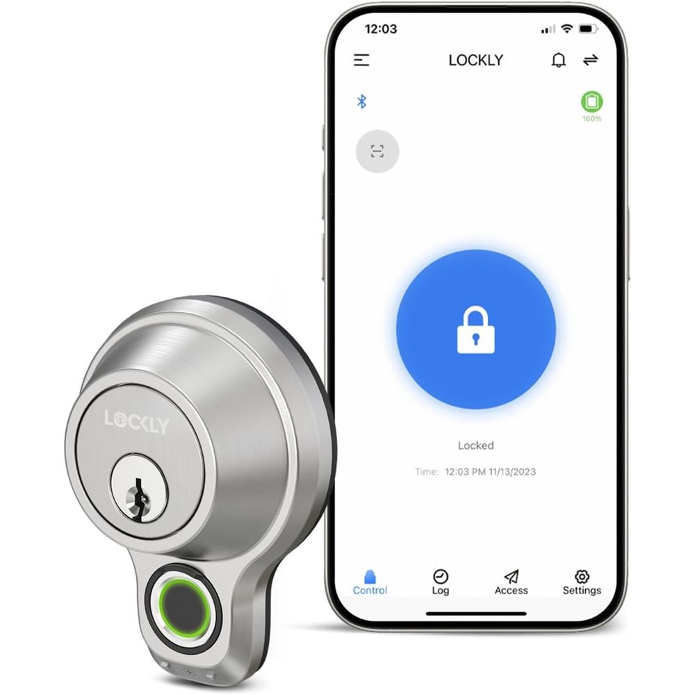 Lockly Flex Touch fingerprint deadbolt in satin nickel with the Lockly app