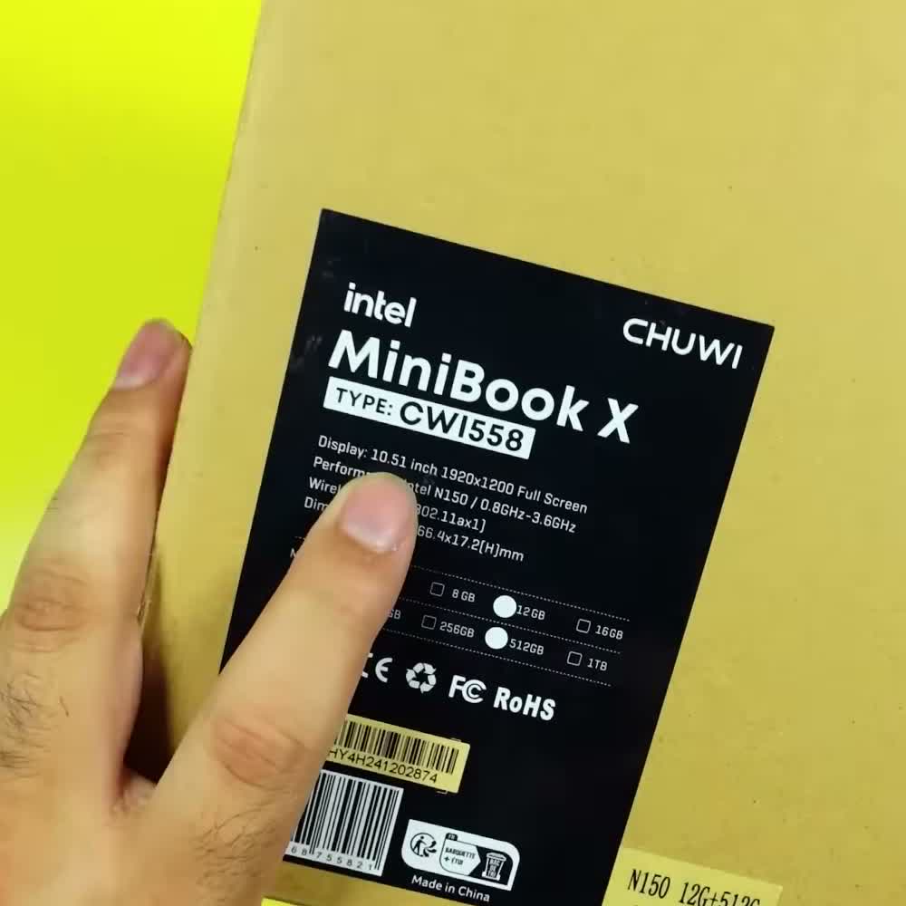 CHUWI MiniBook X retail box showing the CWI558 model label ticked at 12GB and 512GB