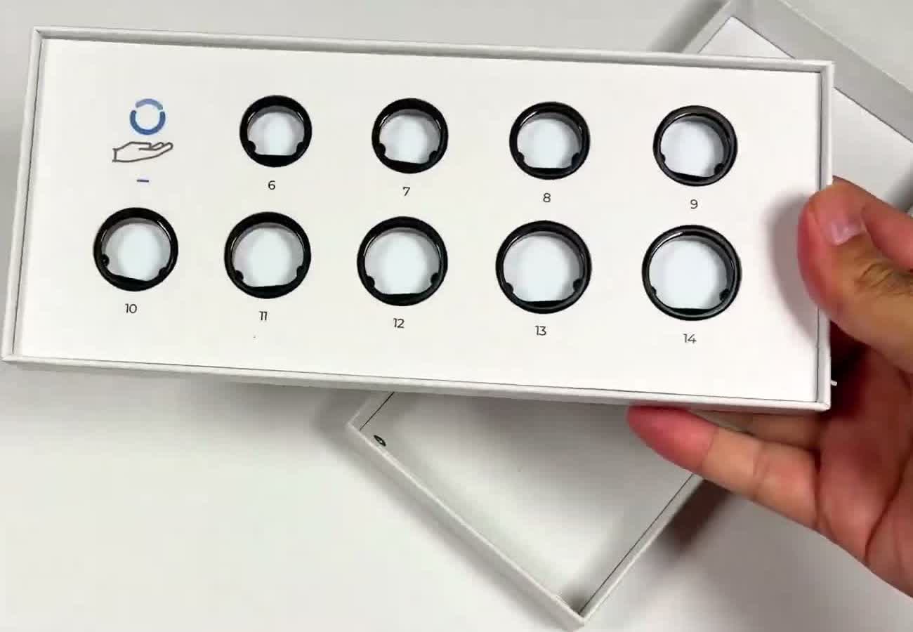 The RingConn sizing kit tray, showing ring sizes 5 to 14 for measuring your finger