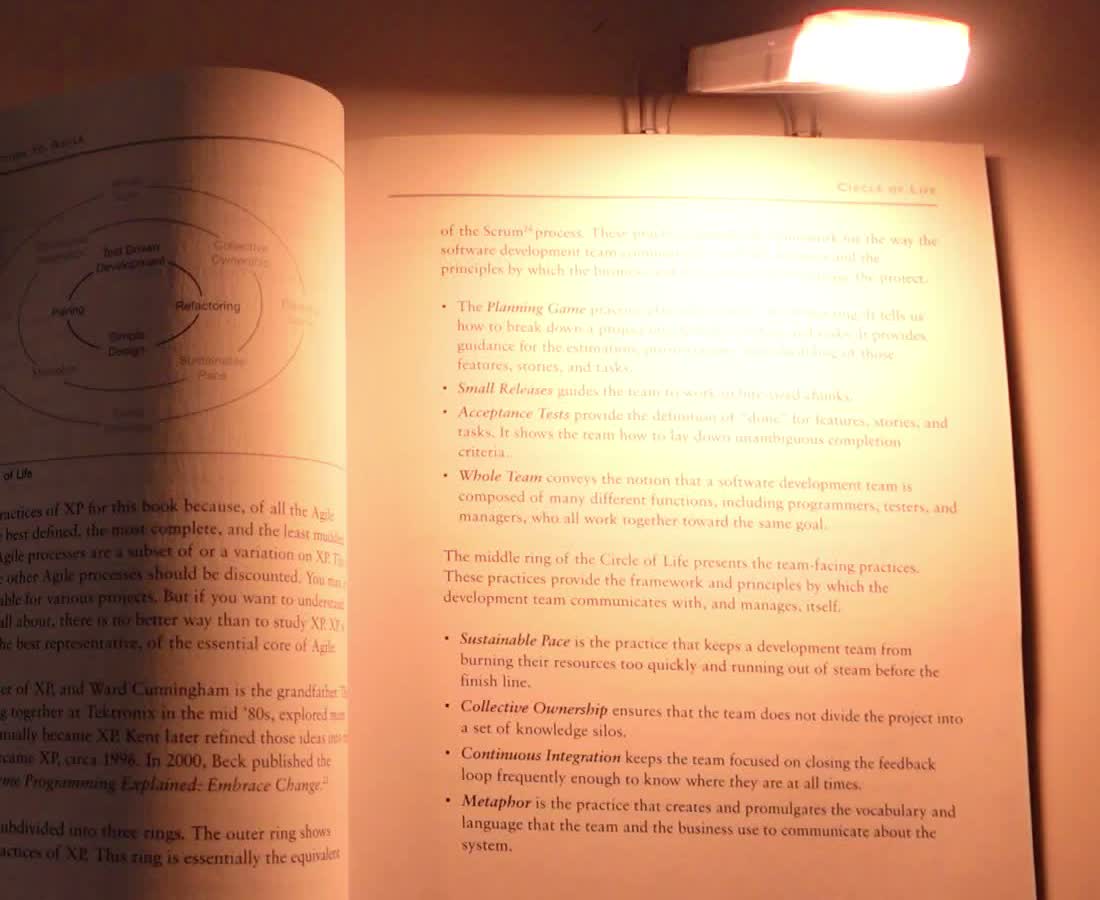 The book light in a dark room, its warm beam falling only on the open page