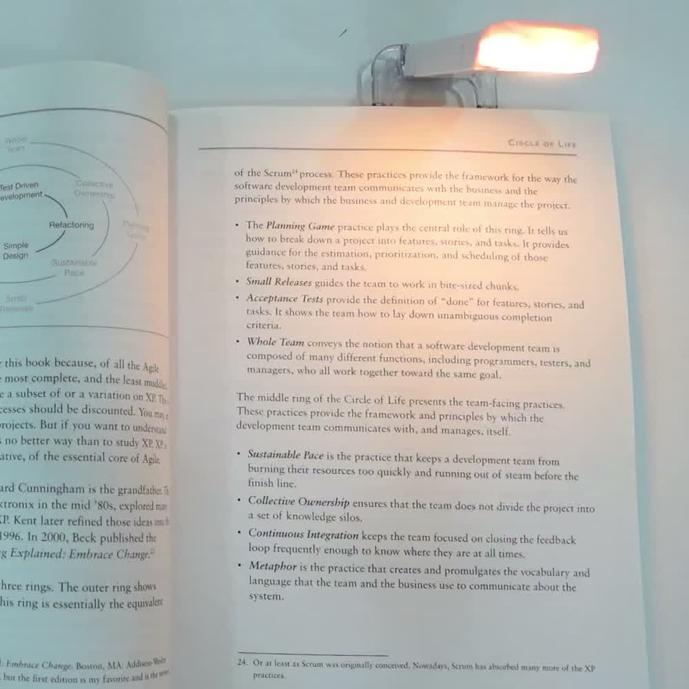 The book light clipped to the edge of an open paperback, lighting the page