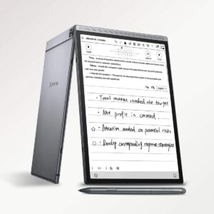 iFLYTEK AINOTE Air 2 e-paper notebook in dark grey with stylus pen, showing handwritten meeting notes