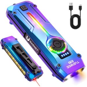 TUOWEE QL3 EDC flashlight in iridescent blue and purple with its USB-C charging cable