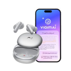 Viaim RecDot AI earbuds in silver with charging case and the Viaim AI translation app