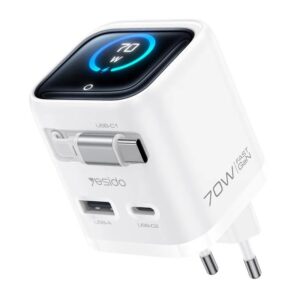 Yesido 70W GaN fast charger in white with TFT display, two USB-C ports and one USB-A port